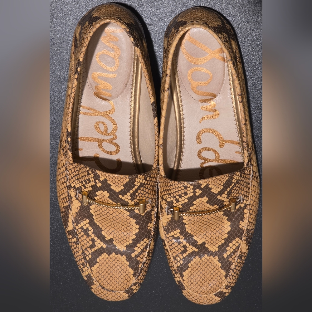Sam Edelman Tan and Brown Snake Print Loafers